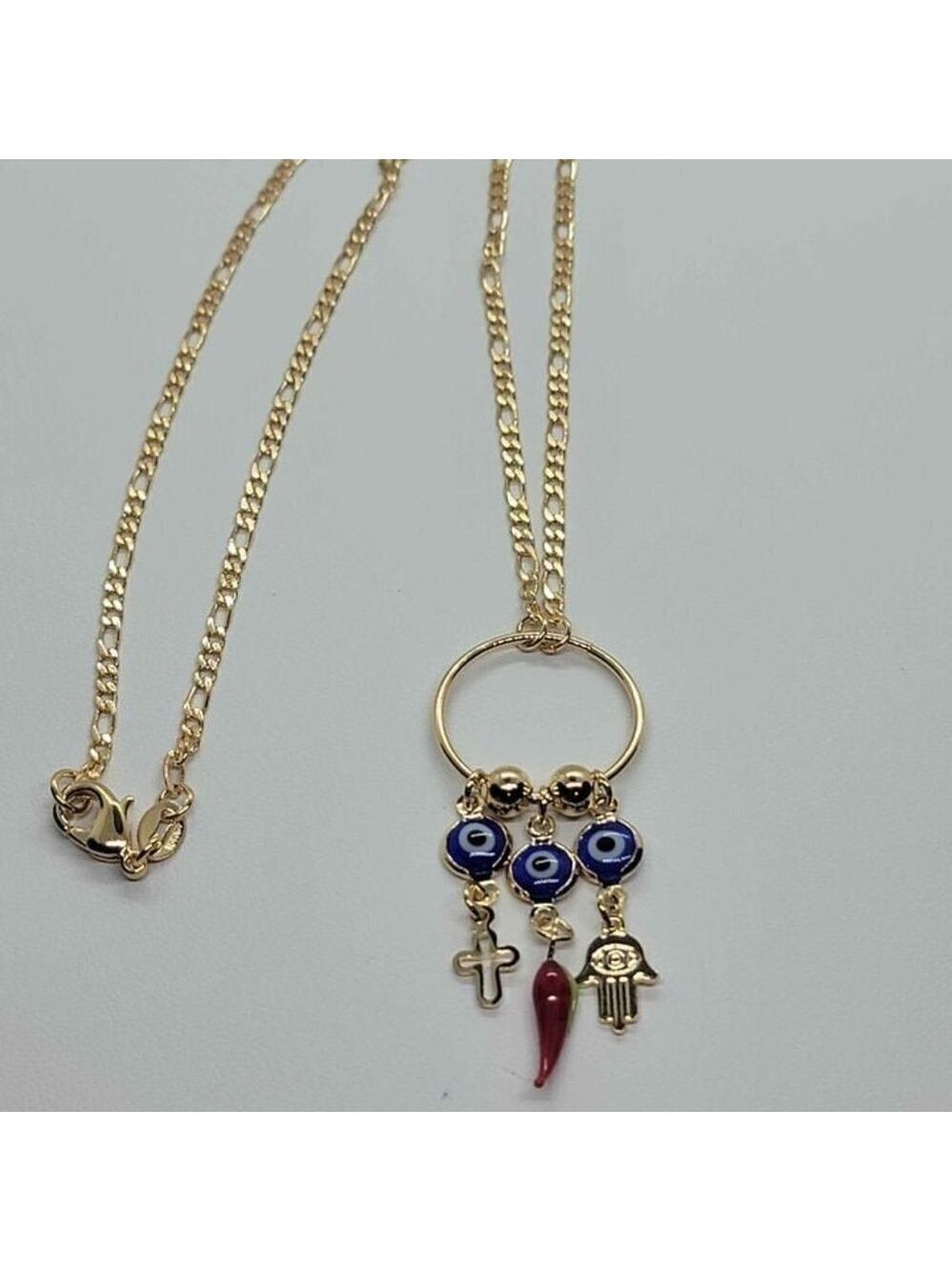 Brand New Brazilian 18k Gold Filled Lucky Charms with blue Evil Eye Necklace - Picture 3 of 4